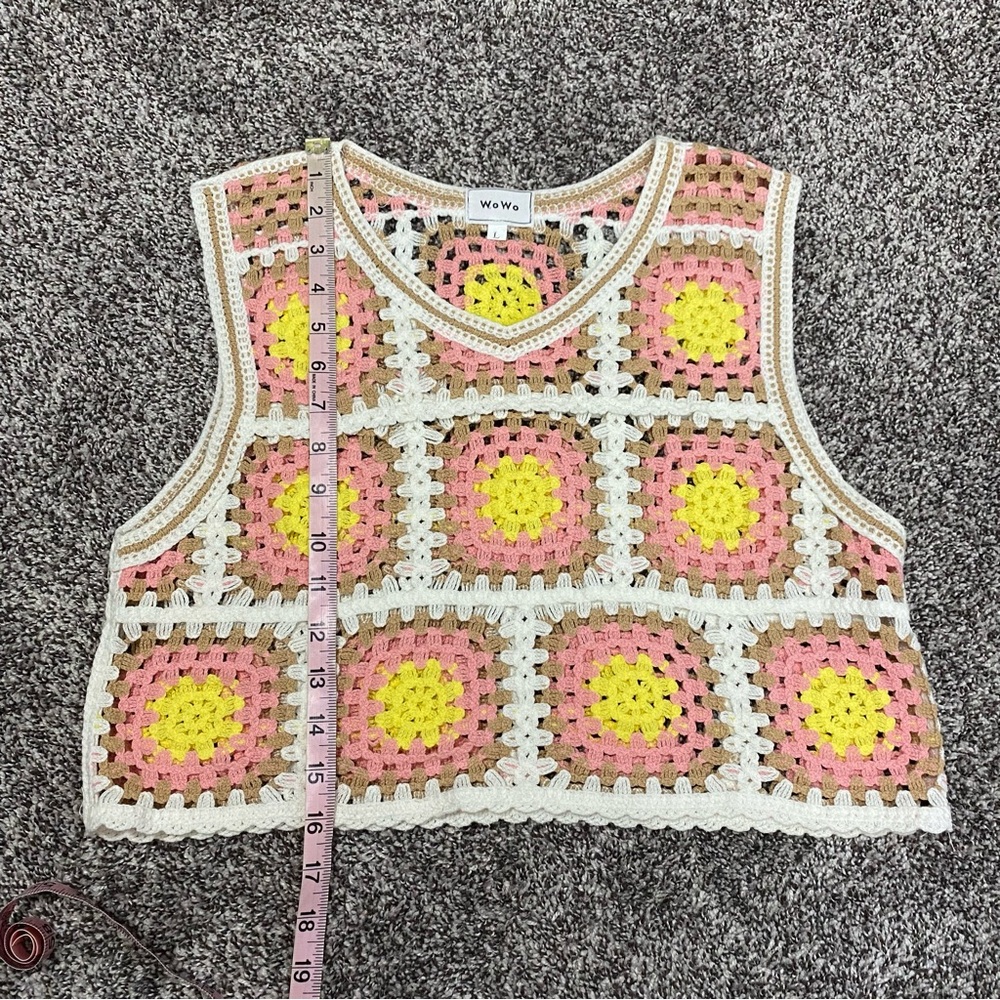 WoWo Granny‎ Square Cropped Pink Tan White Crochet Sleeveless Top Large - Picture 6 of 6